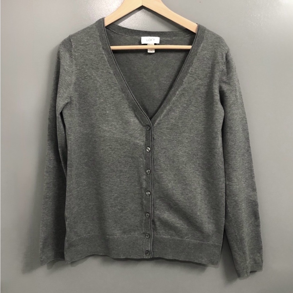 LOFT Pima Cotton V-Neck Button Front Gray Cardigan
